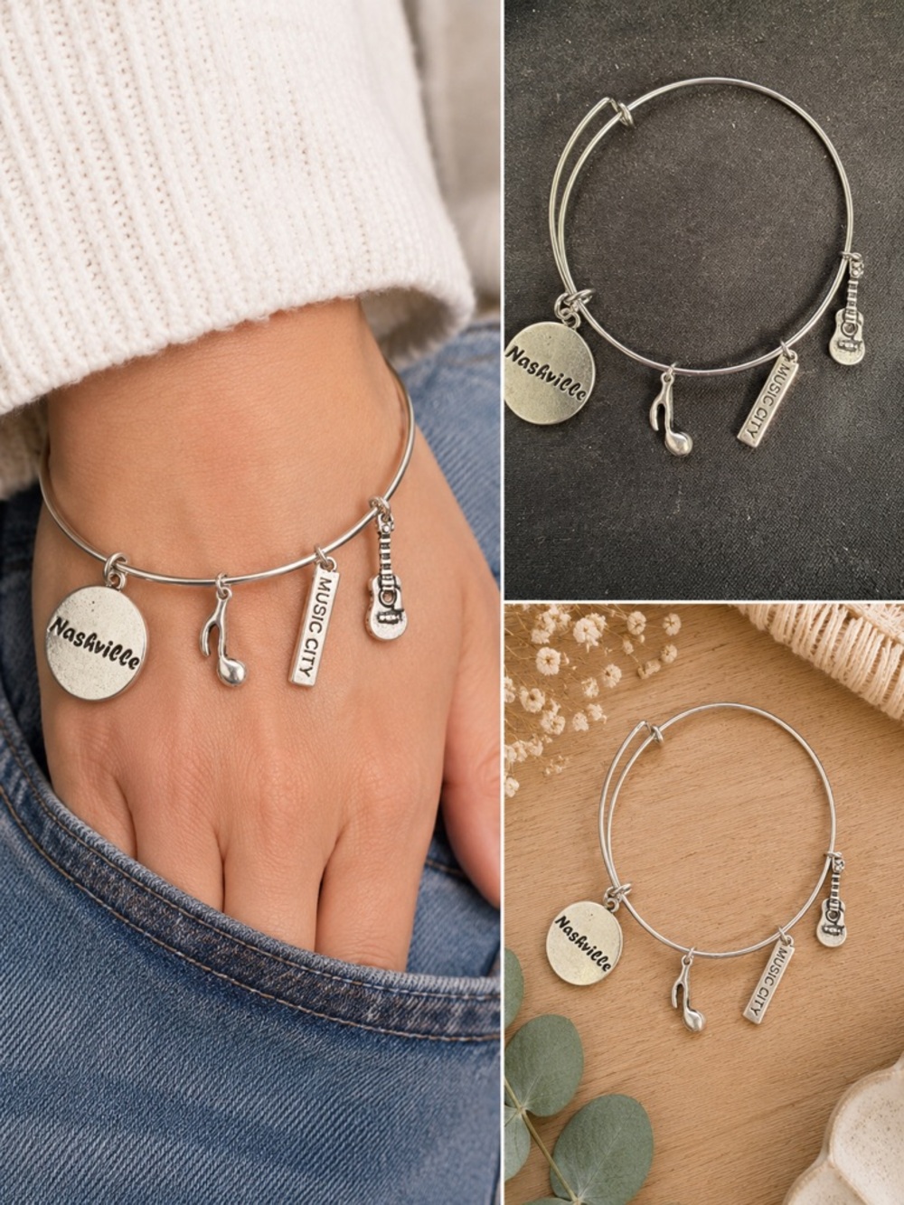 Nashville Music City Charm Bangle Bracelet Silver Tone Guitar Note Adjustable